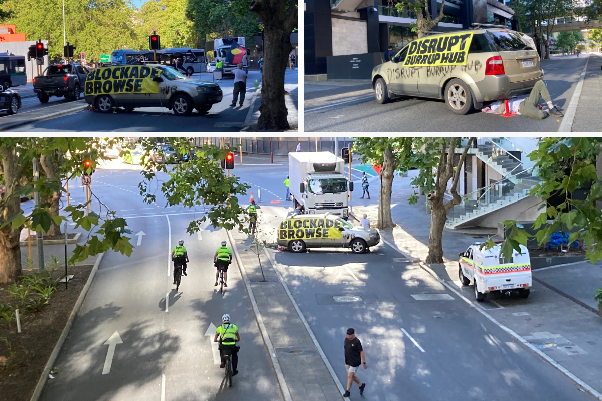 Article image for BREAKING: Protester chains self to car, brings CBD to standstill